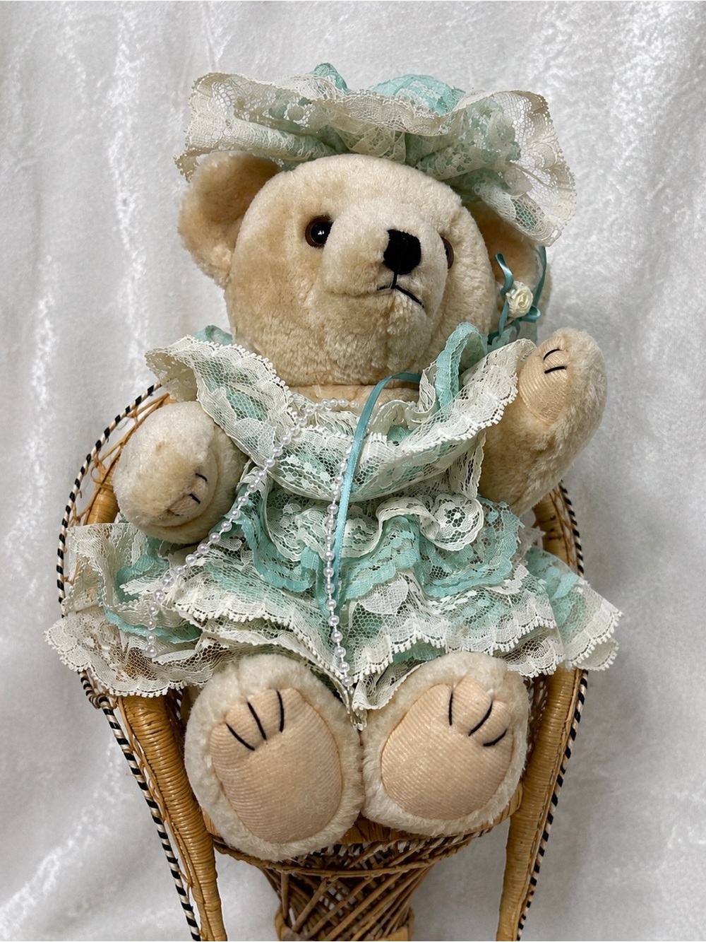 Jointed Teddy Bear Wicker Peacock Chair Victorian Style Lace